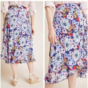 Maeve By Anthropologie Wrap Skirt Size S Blue Bold Floral Daisy Flowy Lined Boho